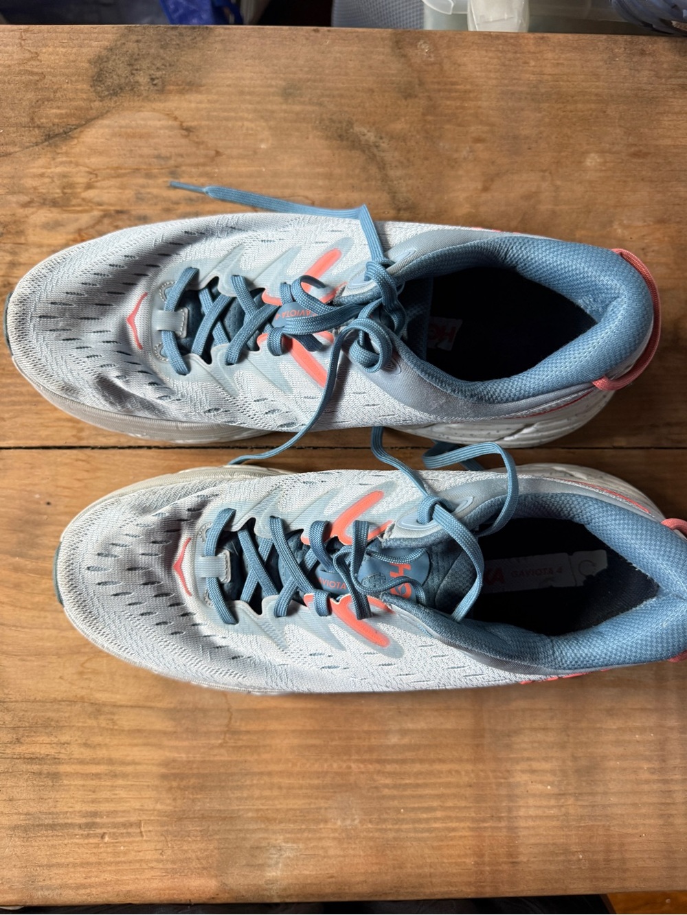 Hoka Light Blue Running Shoe with Red Logo